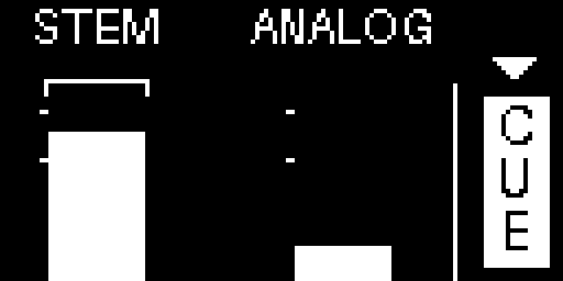The return's selector: STEM at the left with a loud bar and the bracket over it, because stem mode plays; ANALOG in the middle with a low bar; at the right, behind a thin line, the CUE field, filled because the return is cued, with the cursor arrow over it