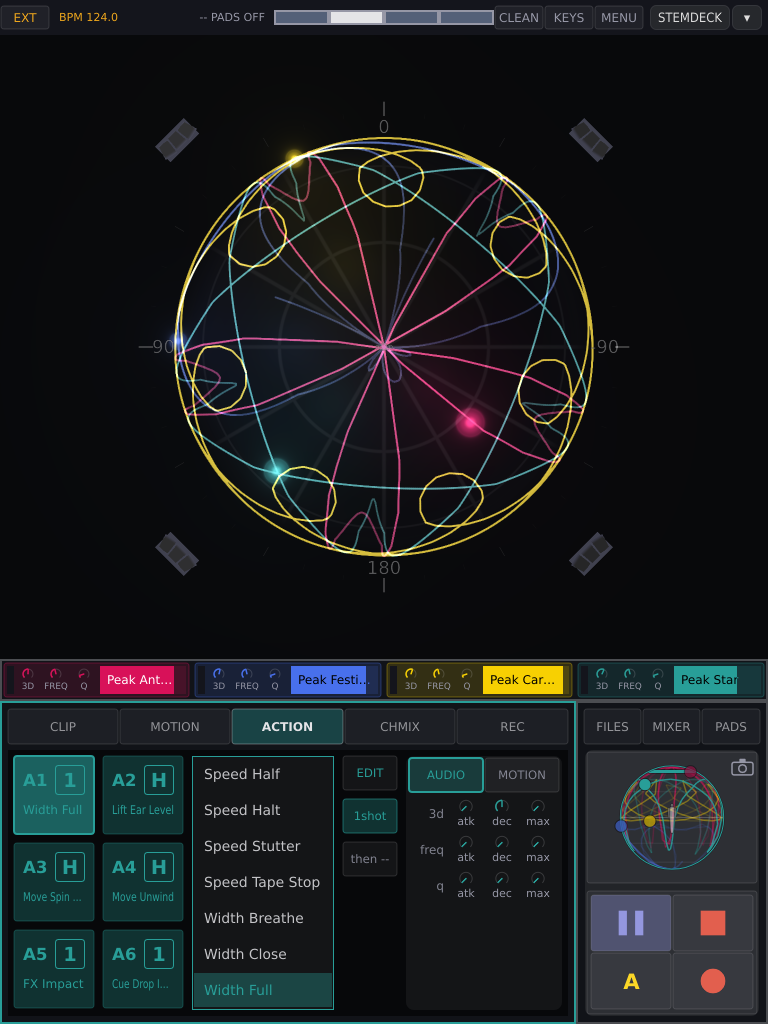 The main screen, here with the ACTION page in the bar: status bar, sphere, channel row, bar and global strip