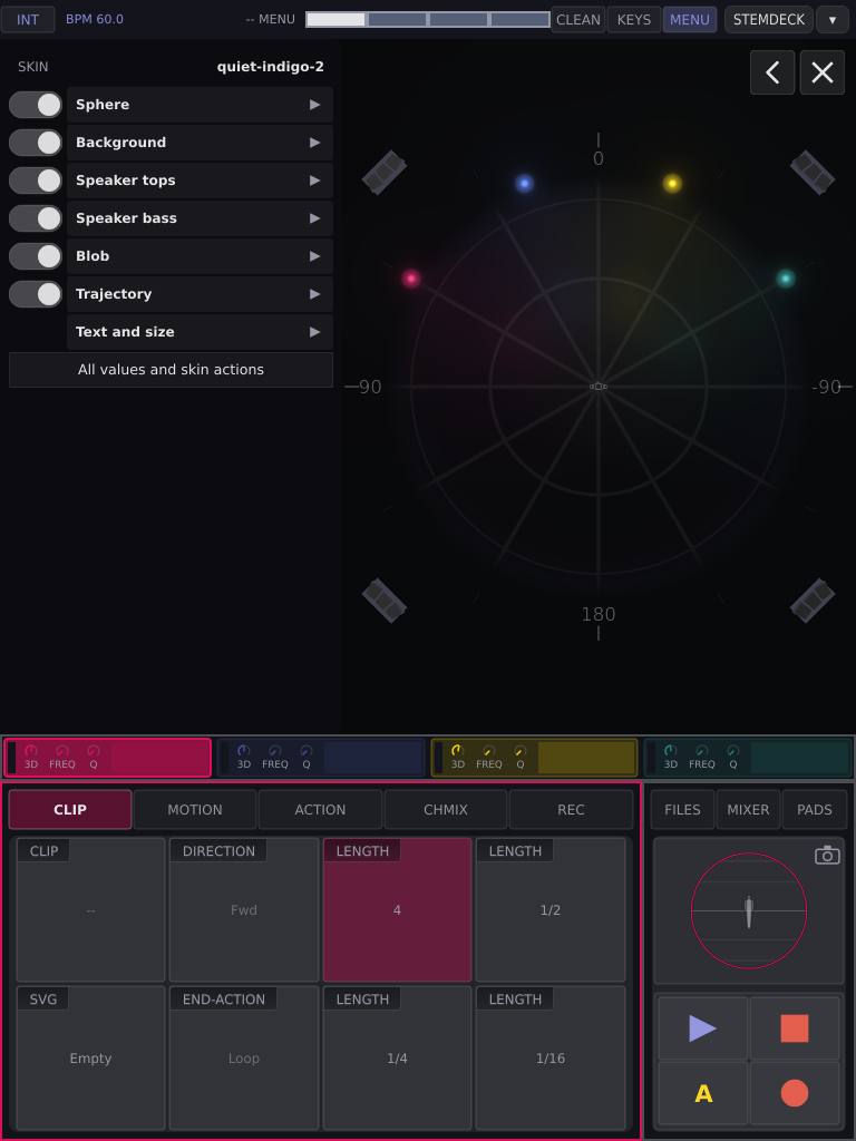 The Skin Editor, its sections on the left of the sphere