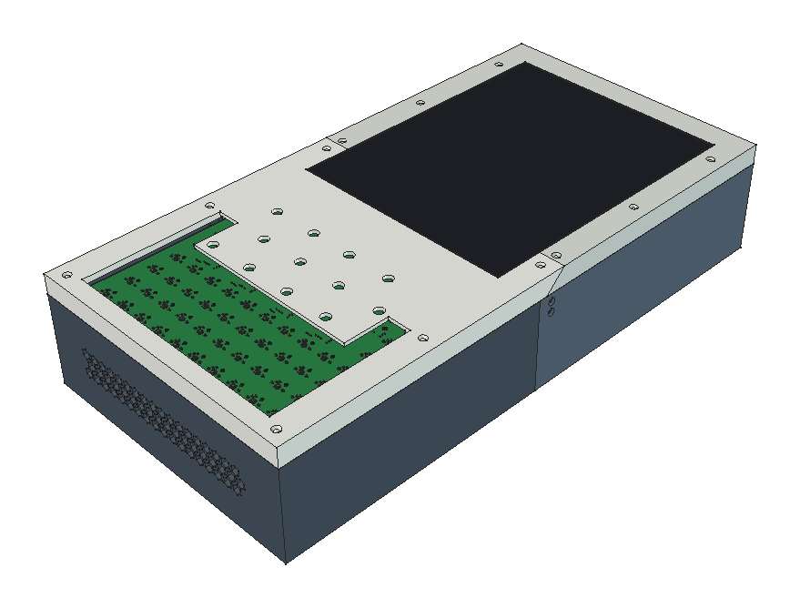 The rebuilt v3 housing, assembled: the faceplate with the pad PCB on the left and the display on the right, the enclosure below