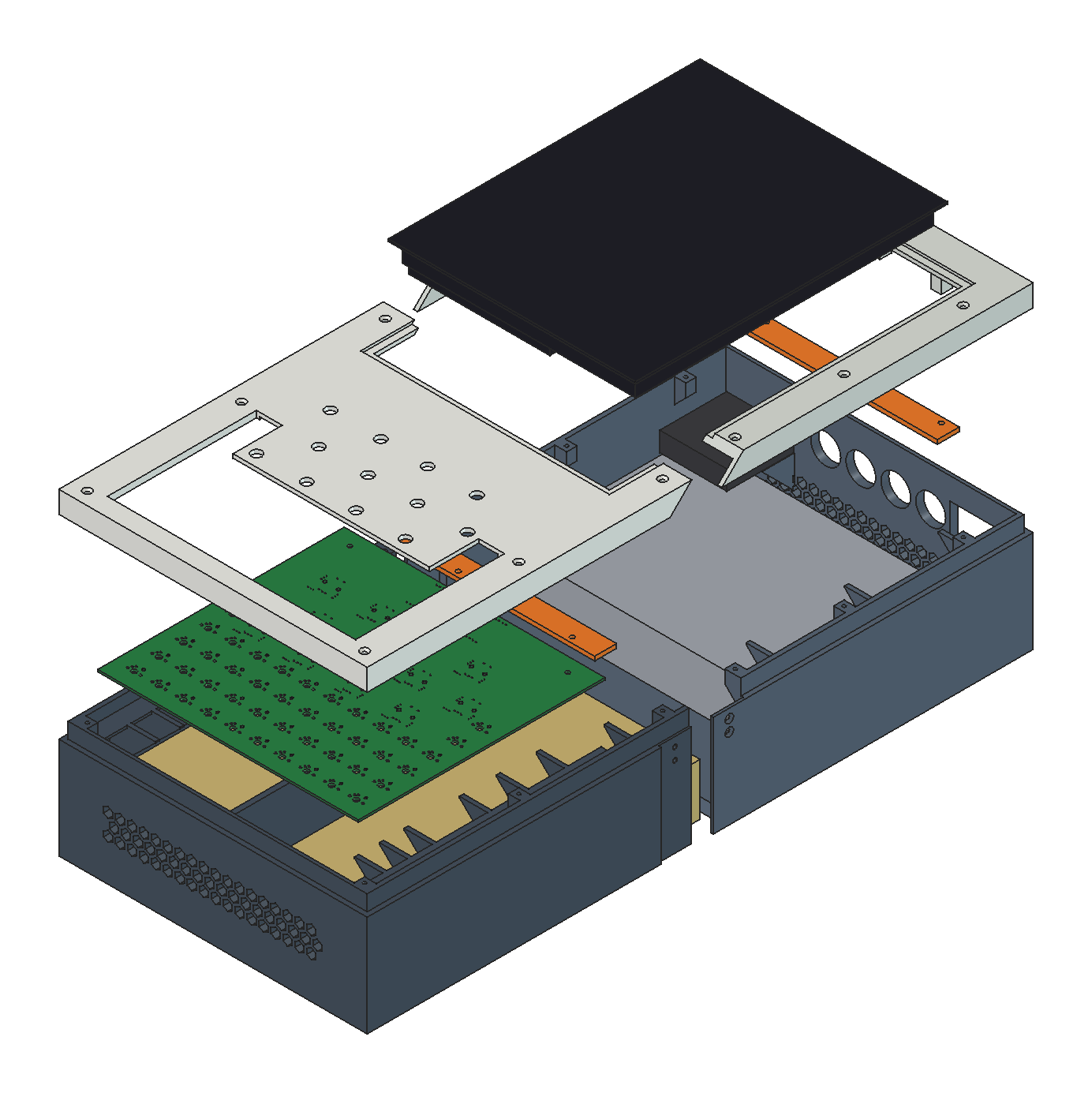 The rebuilt v3 housing, exploded: faceplate halves, display, pad PCB, display clamps and the two enclosure halves