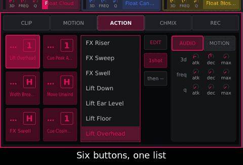 Tap A2, tap a script in the list: A2 carries it. Drag the list back to the top and tap "no action": A2 is empty again.
