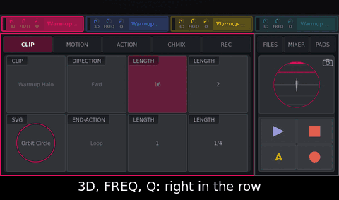 Drag channel 1's FREQ pot up and down, then drag channel 2's 3D pot: channel 2 becomes selected.