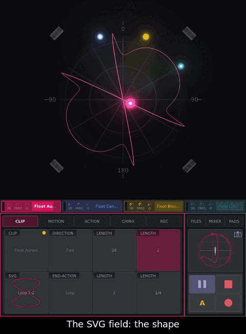 With the clip playing, drag the SVG field up three steps: the shape changes, speed and values stay.