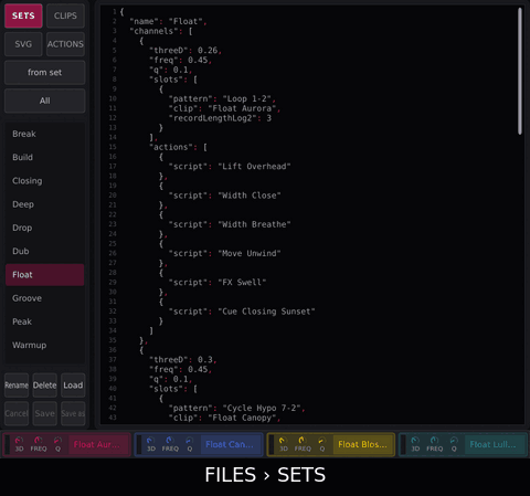 In FILES › SETS tap Warmup, tap Load, close FILES: all four channels carry the set, stopped.