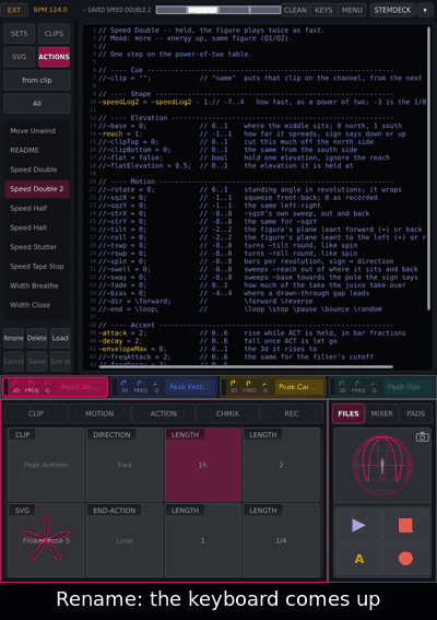 In FILES tap your own file, tap Rename: the keyboard comes up; DEL back to "Speed ", type Riff, ENTER.
