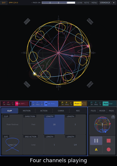 With four channels playing, open FILES › SETS, tap Warmup, tap Load, close FILES: the set is loaded, stopped.