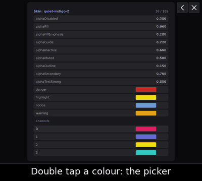 In the Skin Editor double tap channel 1's colour, drag across the picker and the hue strip, tap done.