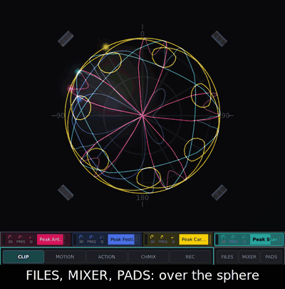 Tap FILES, MIXER, PADS: each lies over the sphere, one at a time. Tap CLIP: it closes.