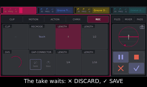 After a take tap DISCARD once (it asks), then tap SAVE: the take is kept.