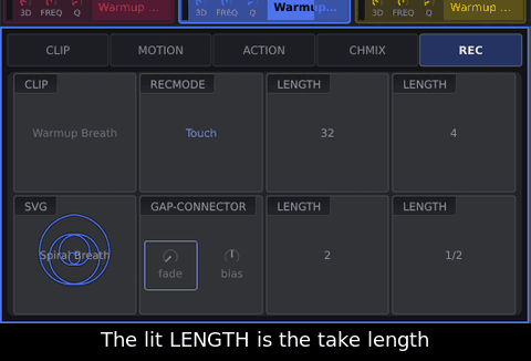 On REC tap LENGTH 4, then LENGTH 2: the lit key is the take's length.